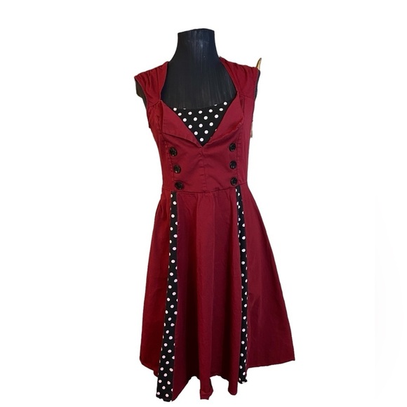 Retro 50’s Dark Red Black Polka Dot Pleated Dress Small